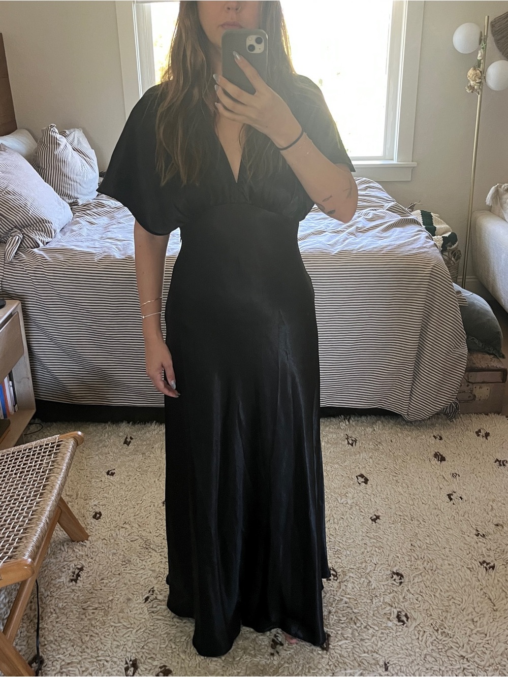 Free People Black V-Neck Maxi Dress with Short Sleeves